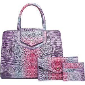 Women's Purple Vegan Leather 3 pcs Set Top Handle Embossed Pattern Satchel Bag